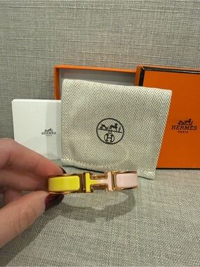 Hermes Clic H Enamel Bangle in Yellow and Light Pink with Rose Gold Hardware